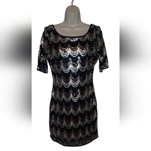 VENUS Black Sequin Scallop Pattern Dress